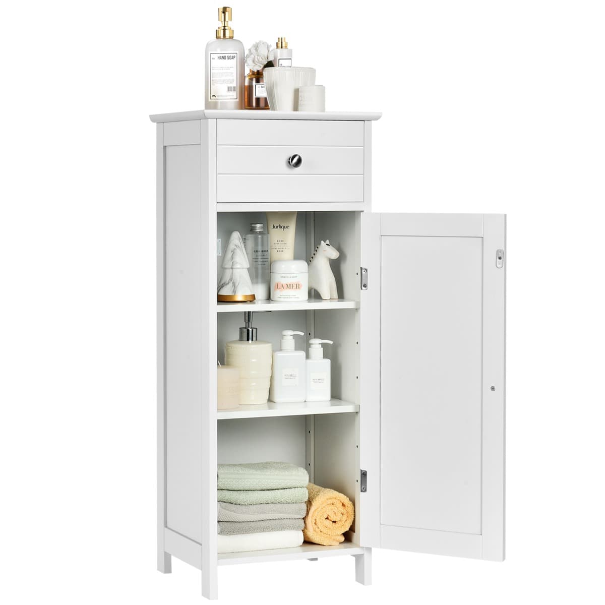 CostwayMeuble de Salle de Bain sur Pieds avec 1 Porte Tiroir 2 Étagères Réglables et Dispositif Anti-Dumping 35x30x87,5CM Blanc